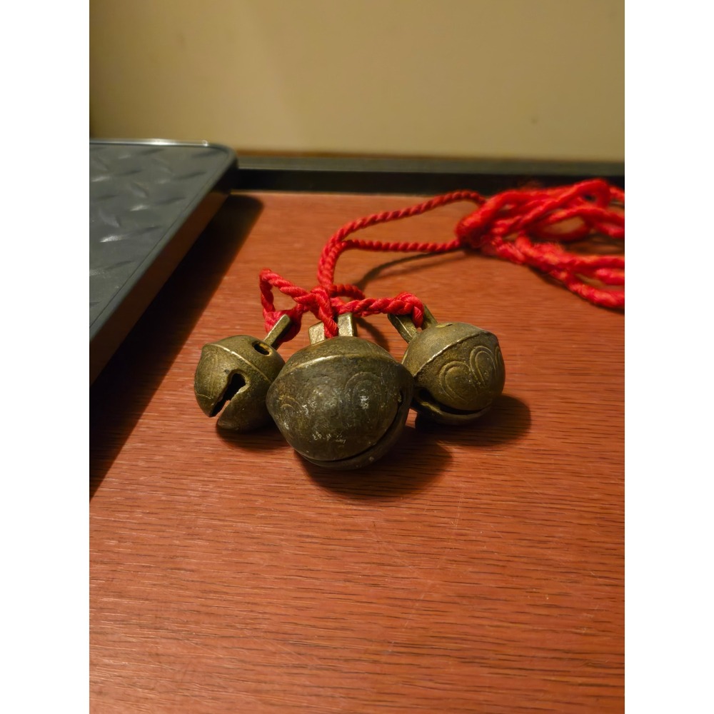 Vintage Etched Brass Bells Red Cord Hanging Decor Antique Style Trio